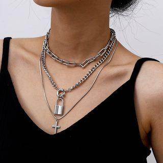 Alloy Cross & Padlock Pendant Layered Necklace