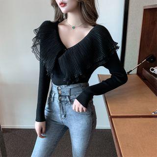 Mesh Trim Knit Top Black - One Size