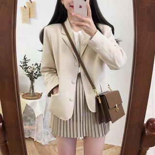 Single-breasted Blazer / Pleated Skirt / Floral Long-sleeve Midi A-line Dress