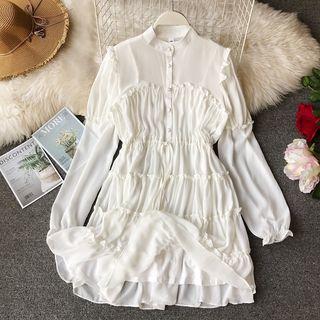 Long-sleeve Shirred Chiffon Dress