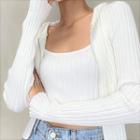 Set: Plain Cropped Camisole Top + Hooded Cardigan