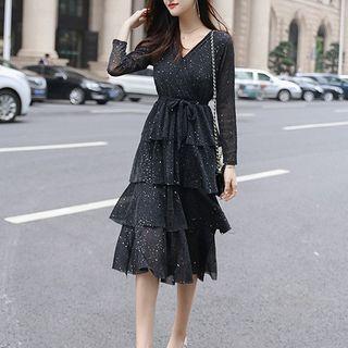 Long-sleeve Sequined Layered Dress