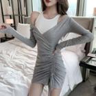 Long-sleeve Cold-shoulder Drawstring Mini Sheath Dress