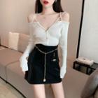 Rhinestone-trim Strappy Light Knit Top / High-waist Mini Skirt