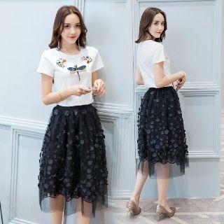 Set: Applique T-shirt + Mesh Midi Skirt