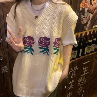 Floral Printed Knit Vest Vest - One Size