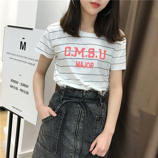 Lettering & Striped Short-sleeve T-shirt