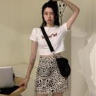 Short-sleeve Printed T-shirt / Leopard Print Mini Fitted Skirt