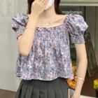 Short-sleeve Floral Blouse Blue & Pink Floral - Gray - One Size