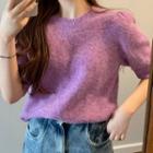 Crew-neck Short-sleeve Knit Top Purple - One Size