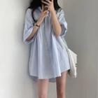 Short-sleeve Plain Shirt Dress Light Blue - One Size