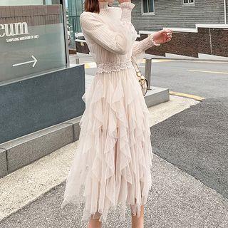 Set: Long-sleeve Midi Knit Sheath Dress + Glitter Mesh Midi Suspender Dress