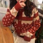 Long-sleeve Christmas Printed Knit Cardigan Red - One Size
