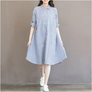 Pinstriped Long-sleeve A-line Shirt Dress