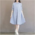 Pinstriped Long-sleeve A-line Shirt Dress