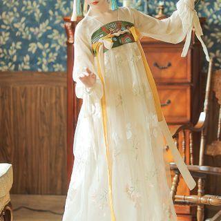 Long-sleeve Floral Embroidered Mesh Maxi A-line Hanfu Dress