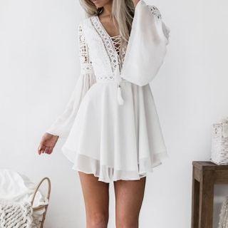 Long-sleeve Cutout Chiffon Panel A-line Dress