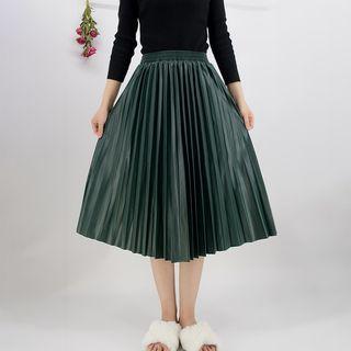 Pleated Faux Leather Midi A-line Skirt