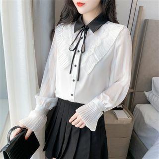 Contrast Collar Ruffle Trim Long-sleeve Blouse