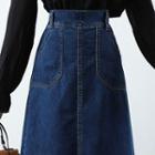 High Waist Denim Midi A-line Skirt / Ruffle Trim Blouse
