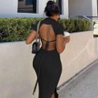Short-sleeve Open-back Midi Sheath Dress