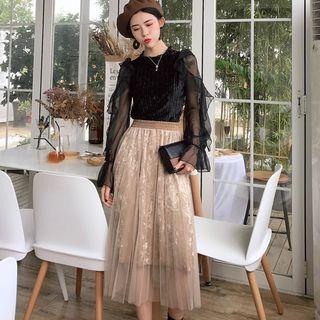 Velvet Panel Mesh Long-sleeve Top