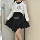 Long-sleeve Cold Shoulder Cartoon Print Crop Top / Tank Top / Irregular Mini Skirt