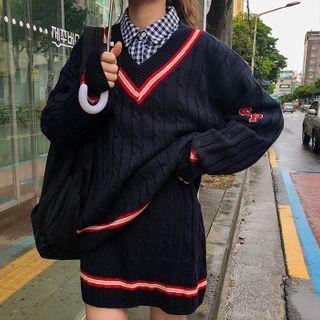 Set: V-neck Cable Knit Sweater + Mini A-line Skirt