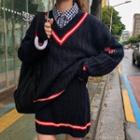 Set: V-neck Cable Knit Sweater + Mini A-line Skirt