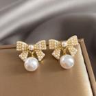 Sterling Silver Faux Pearl Ribbon Drop Earring 1 Pair - Gold & White - One Size