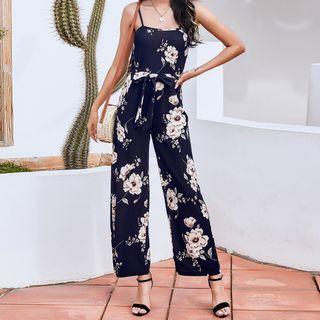 Spaghetti-strap Flower Print Wide-leg Jumpsuit