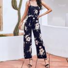Spaghetti-strap Flower Print Wide-leg Jumpsuit
