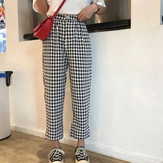 Crop Straight Fit Pants Plaid - Black & White - One Size