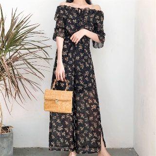 Set: Off-shoulder Floral Top + Pants