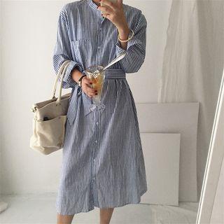 Striped Midi Shirt Dress With Sash