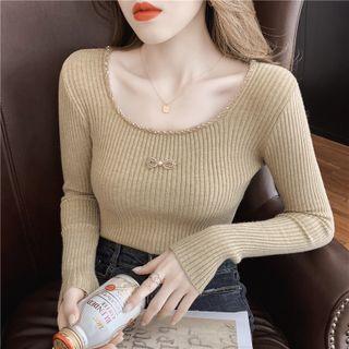 Long-sleeve Beaded Bow Knit Top