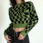 Round Neck Checkerboard Cropped Sweater