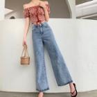 Checked Off-shoulder Crop Top / High-waist Wide-leg Jeans