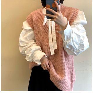 Knit Vest / Puff-sleeve Shirt