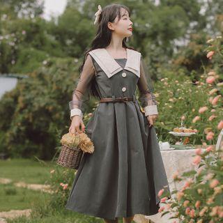Long-sleeve Layered Collar Mesh Panel Midi A-line Dress