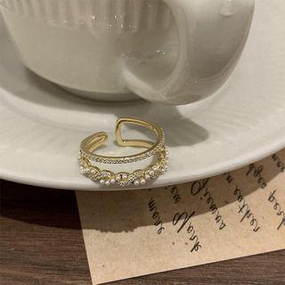 Rhinestone Faux Pearl Layered Alloy Open Ring Gold - One Size