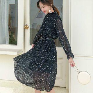 Long-sleeve Polka Dot Dress Black - One Size