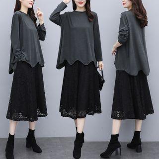 Set: Irregular Hem Long-sleeve T-shirt + Lace Midi A-line Skirt