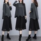 Set: Irregular Hem Long-sleeve T-shirt + Lace Midi A-line Skirt