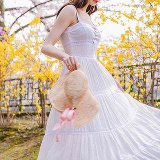 Lace-up Front Sleeveless Tiered Maxi Dress