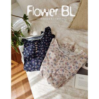 Eyelet-lace Hem Floral Print Blouse