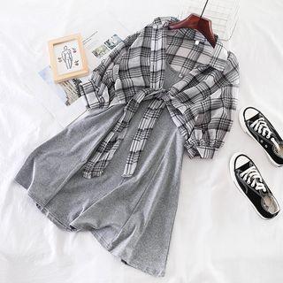 Set: Plaid Chiffon Top + Sleeveless Dress