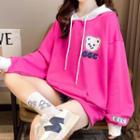 Two-tone Bear Embroidered Hoodie