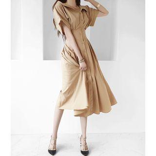 Cuffed-sleeve Pintuck-waist Shirtdress
