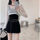 Long Sleeve See-through Knit Cropped Top / Plain Tank Top / High Waist Jeans